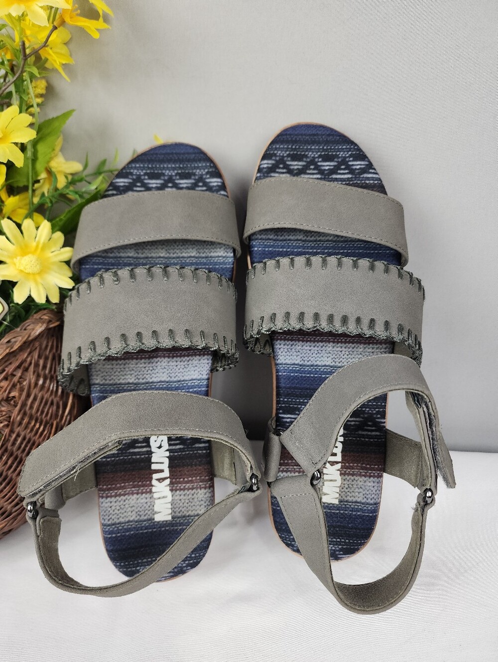 Muk Luks Sandals - Grey Blue With Velcro Strap Sz 10